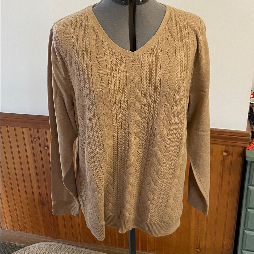 Talbots Light Brown V-Neck Cable Sweater LIKE NEW Size XL